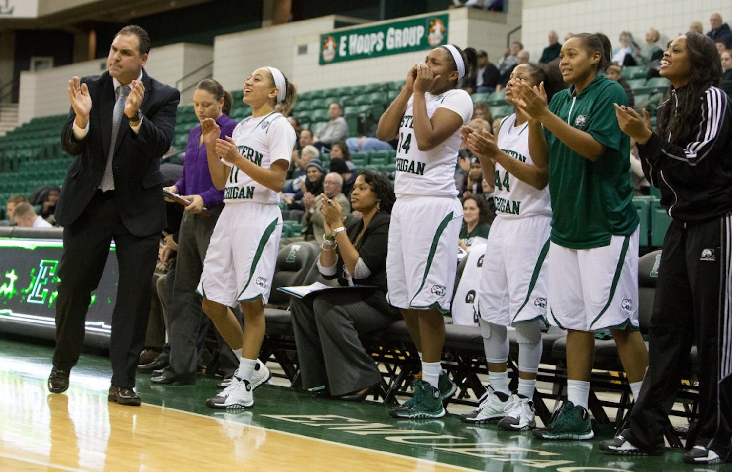 EMU's bench celebrates after a huge basket in Eastern Michigan's overtime win over Butler Wednesday night.