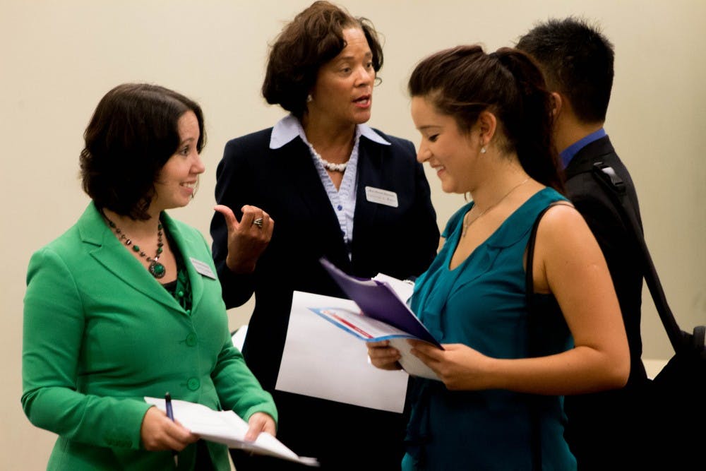 	On Friday, the Eastern Michigan University Advising and Career Development Center hosted an IT job fair in the Student Center. Representatives from 10 different companies set up individual stations in room 310 of the EMU Student Center. Students spoke with each of the representatives in an interview-like format. 
