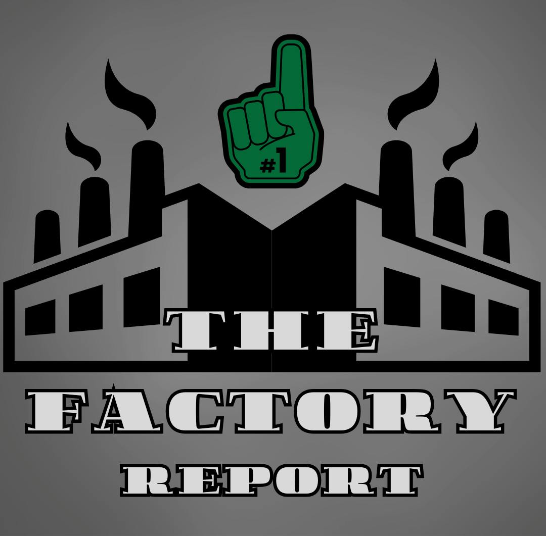 Logo with gray background and black silhouette of a factory. A green sports &quot;foam finger&quot; hand is positioned above. The text &quot;The Factory Report&quot; overlays the graphics in bold, white captial letters.
