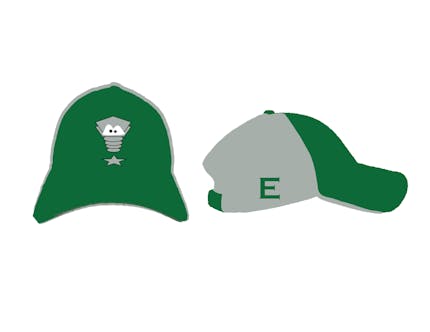 On the left, the front of a green baseball cap with an illustrated grey lugnut mascot character. On the right, a side view of the green baseball hat with a gray color back and green letter E.