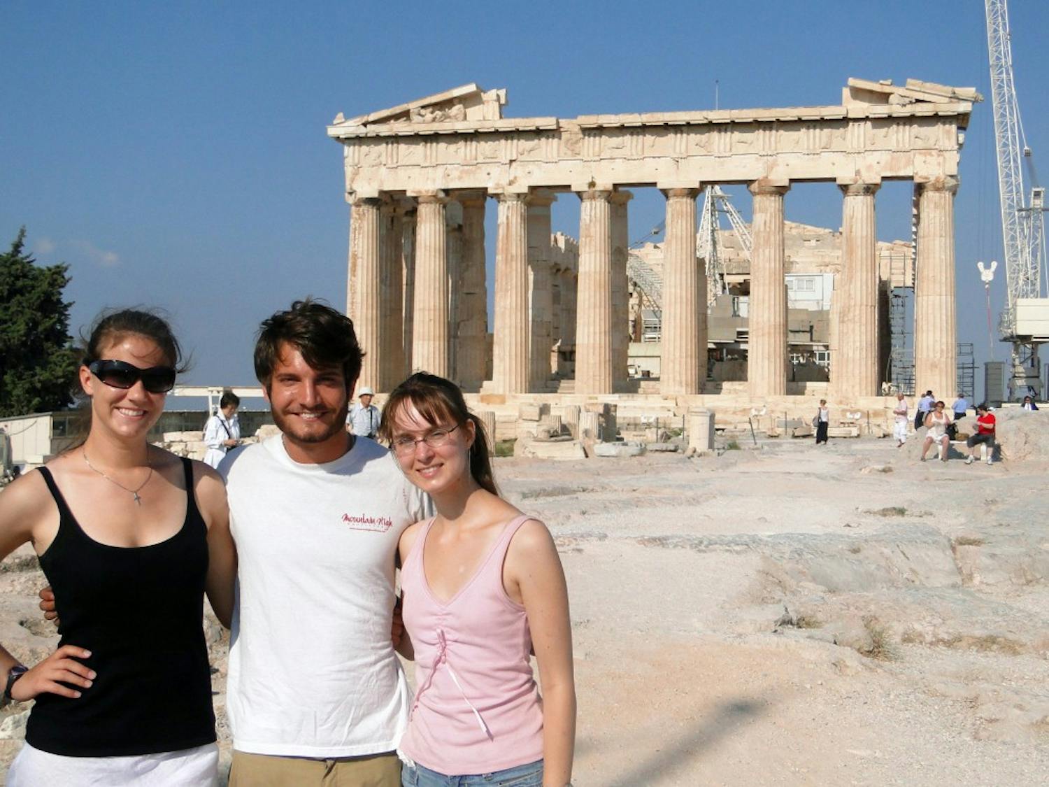 Bass, Earl Parsons and Sebranek pose for a picture at the Parthenon in Athens as a part of their Mediterranean History Tour, which lasted 35 days and spanned four countries.