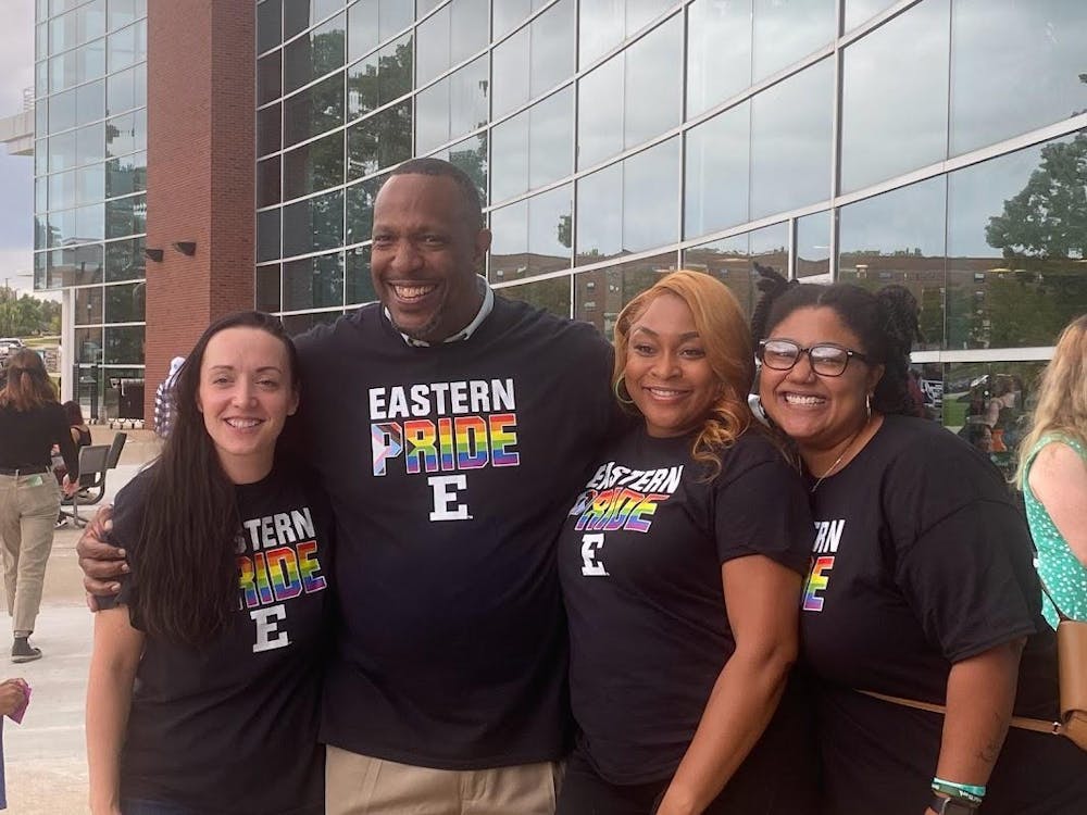 EMU's DEI staff Emma Wuetrich, Kevin Williams, Janis Strickland and Raven wood at the LGBT Resource Center's BBQueer event on Sept. 7, 2023. Courtesy of Emma Wuetrich