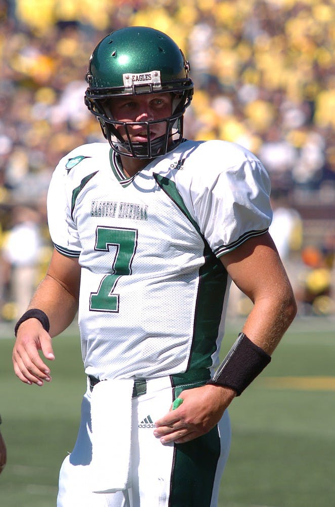 	Andy Schmitt was helped off the field in the fourth quarter of EMU’s game against Michigan on Saturday. He didn’t return from the injury.