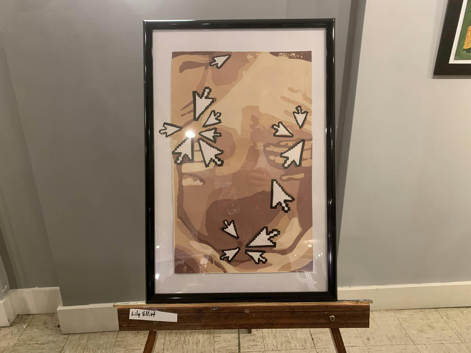 Different shades of brown and tan create a painting of a body. Across the painting are mouse cursors, pointing at specific areas on the person's body. 