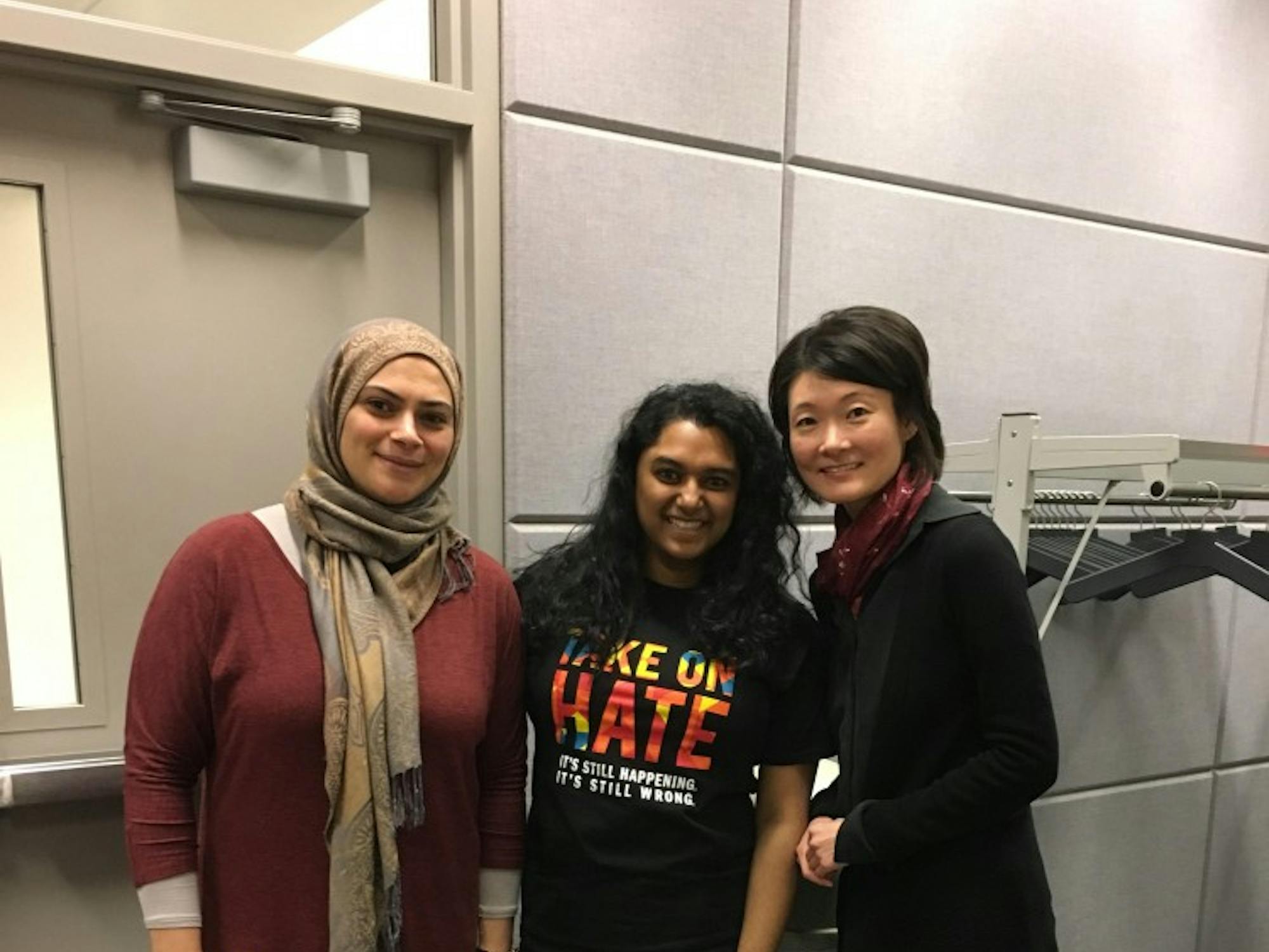 From left to right: Machhadie Assi, senior studying biology and criminal justice, Fiana Arbab, senior double majoring in psychology and women's gender studies and sociology minor, and Eun-Jung Katherine Kim, Ph. D., assistant professor of philosophy at Wayne State University.