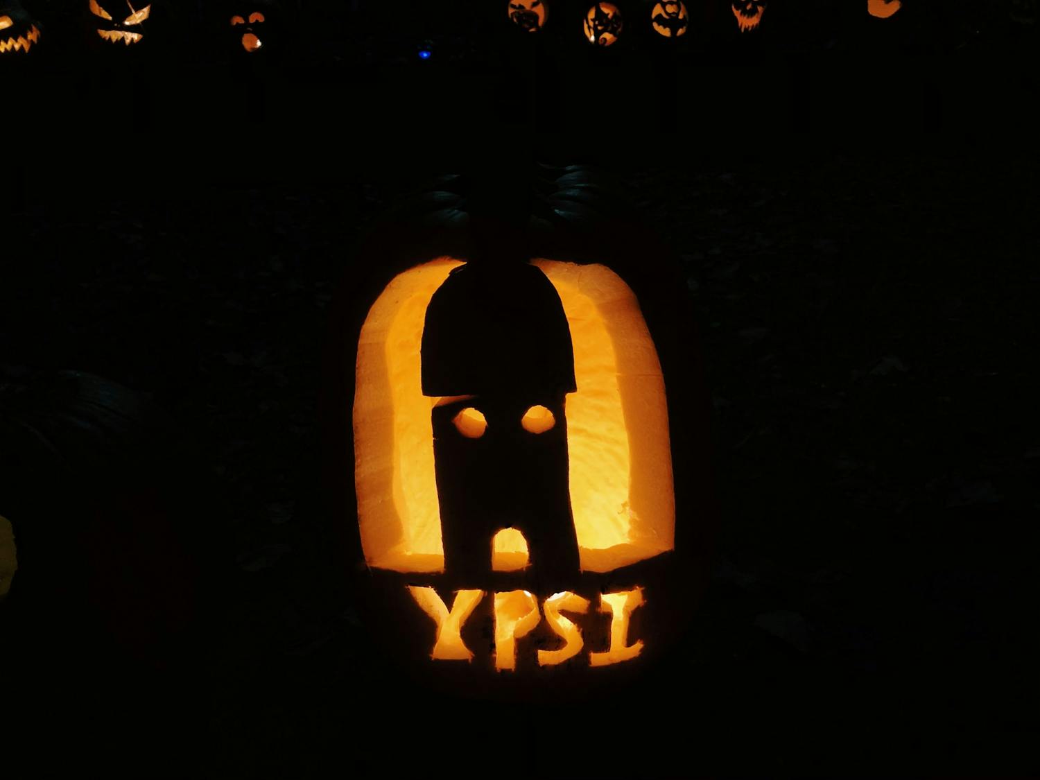 Ypsi water tower carved into pumpkin at All Hallows Illumination