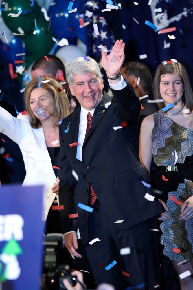 	Newly-elected Michigan Governor, Rick Snyder, celebrates his victory with his family and supporters Tuesday night at the Westin Book Cadillac Hotel in downtown Detroit.