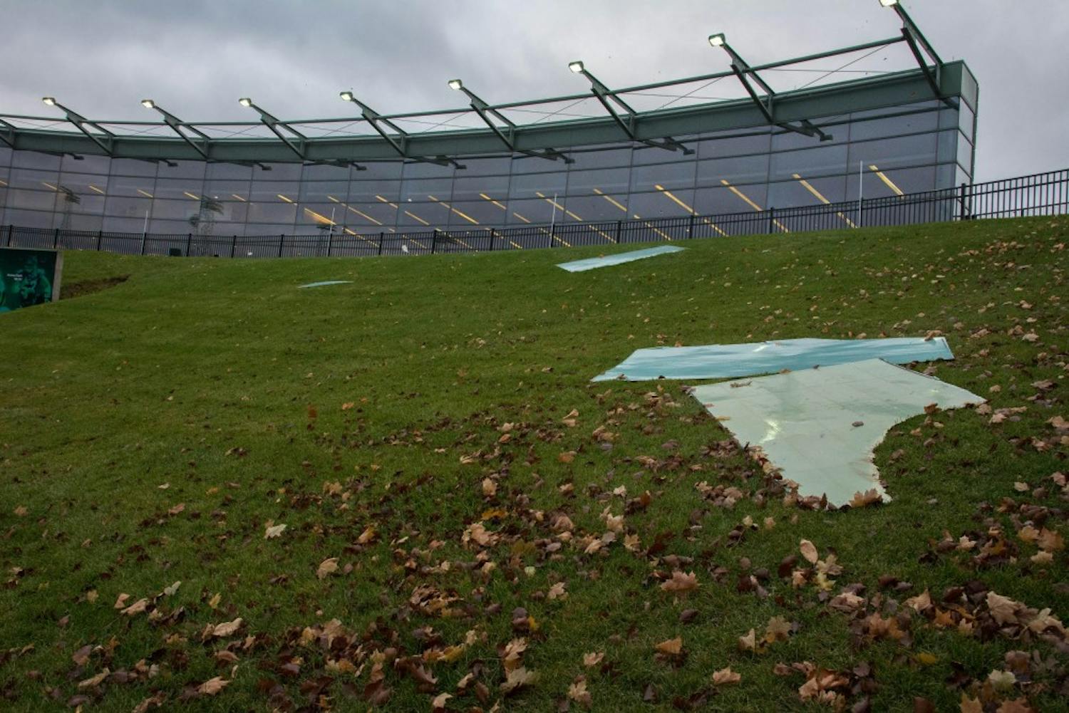 Photo by Sage StephensSome of the debris made it to the hill in Rynearson Stadium, but did not make it as far as the field.