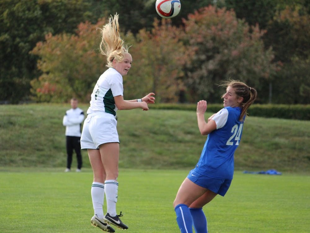 Eastern Michigan's Madison Hirsch heads a ball toward goal against the University of Buffalo in Friday's 1-0 defeat. 