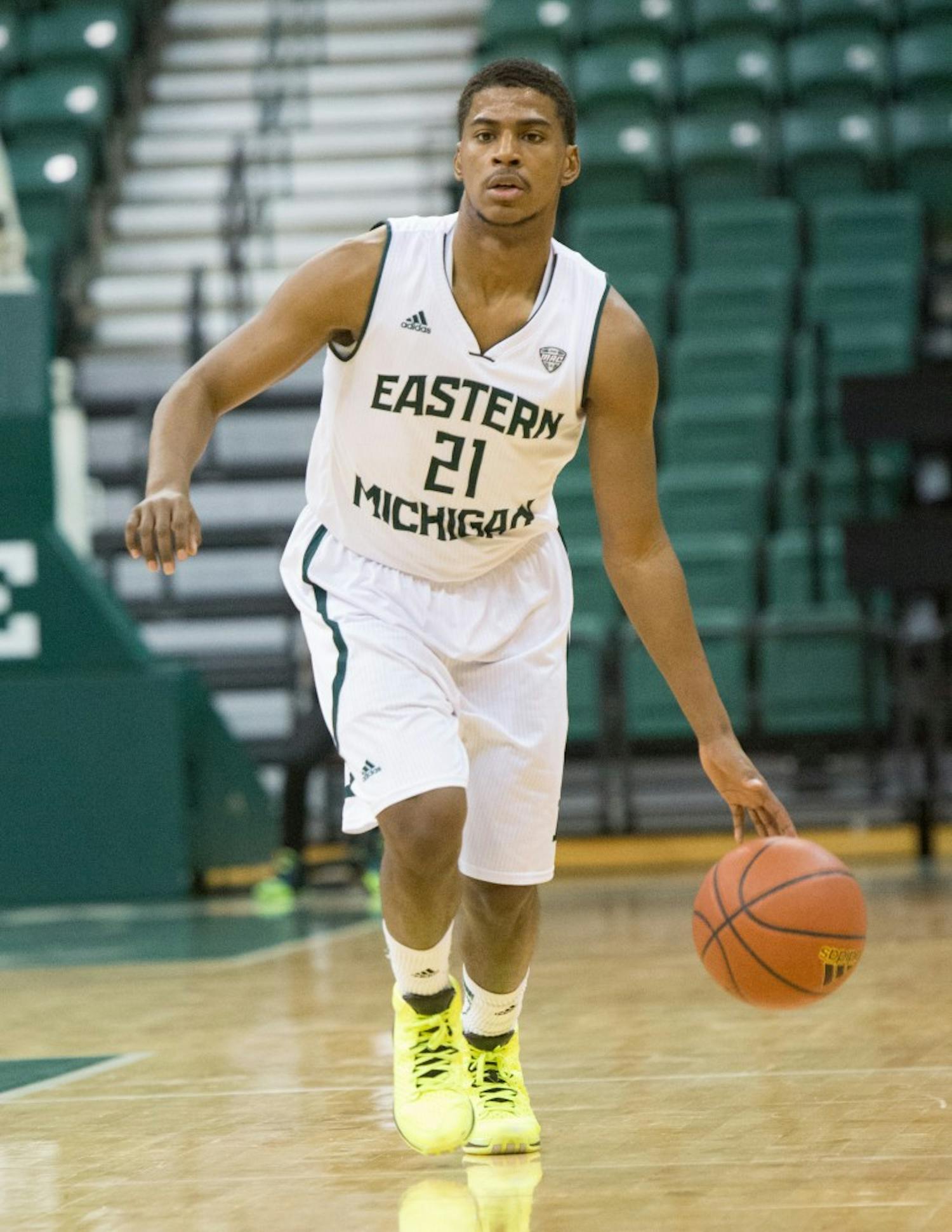 EMU guard Jalen Ross (21) scored 7 points for Eastern in their 92-54 win over Rochester College Saturday afternoon.