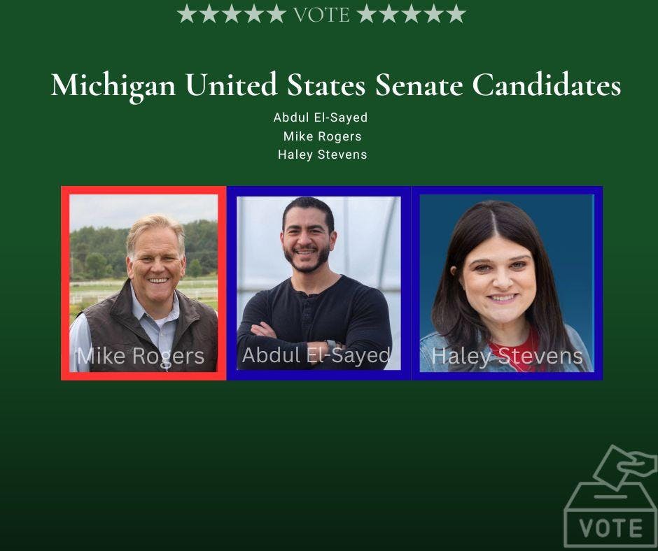Graphic shows headshots of the three candidates: Mike Rogers, Abdul El-Sayed and Haley Stevens.