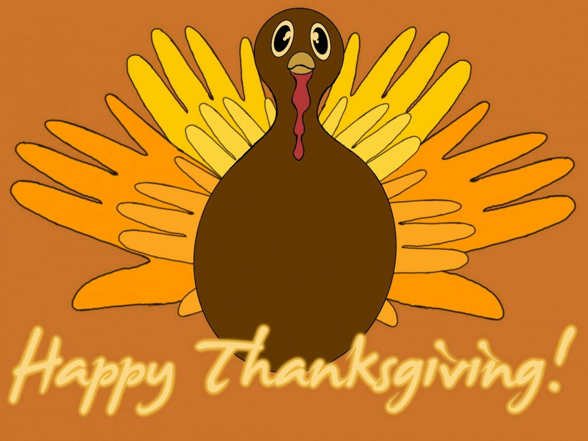 Orange, yellow, and brown graphic of a turkey with outlines of hands behind its back as feathers. Text in front of the turkey reads, "Happy Thanksgiving!"