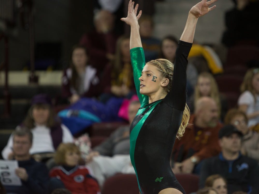 Eastern Michigan redshirt senior Chantelle Loehner scores a 9.875 on her floor routine as the Eagles finished 2nd against Central Michigan and Seattle Pacific Saturday night in Mt. Pleasant.