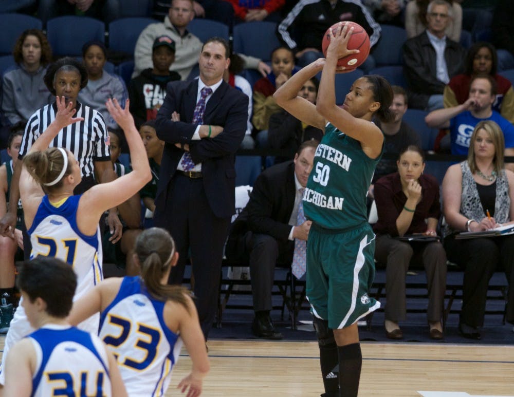 	EMU’s Natachia Watkins (50) attempting a three-pointer (Photo courtesy Matt Hicks | MSH Photography).