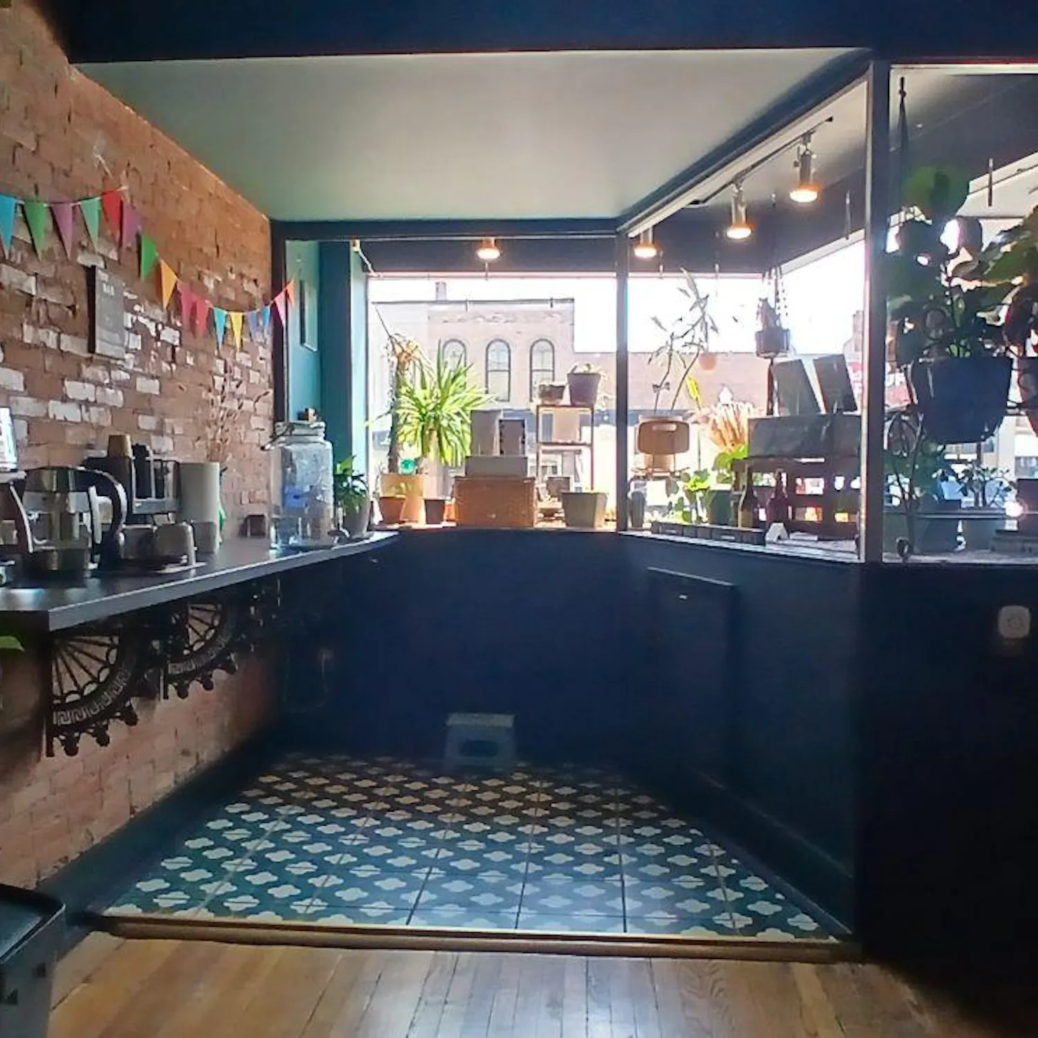 Coffee and tea area on a counter in front of a window with plants in a book store.