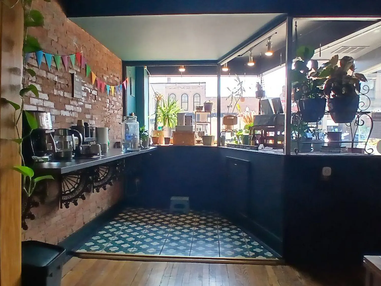 Coffee and tea area on a counter in front of a window with plants in a book store.