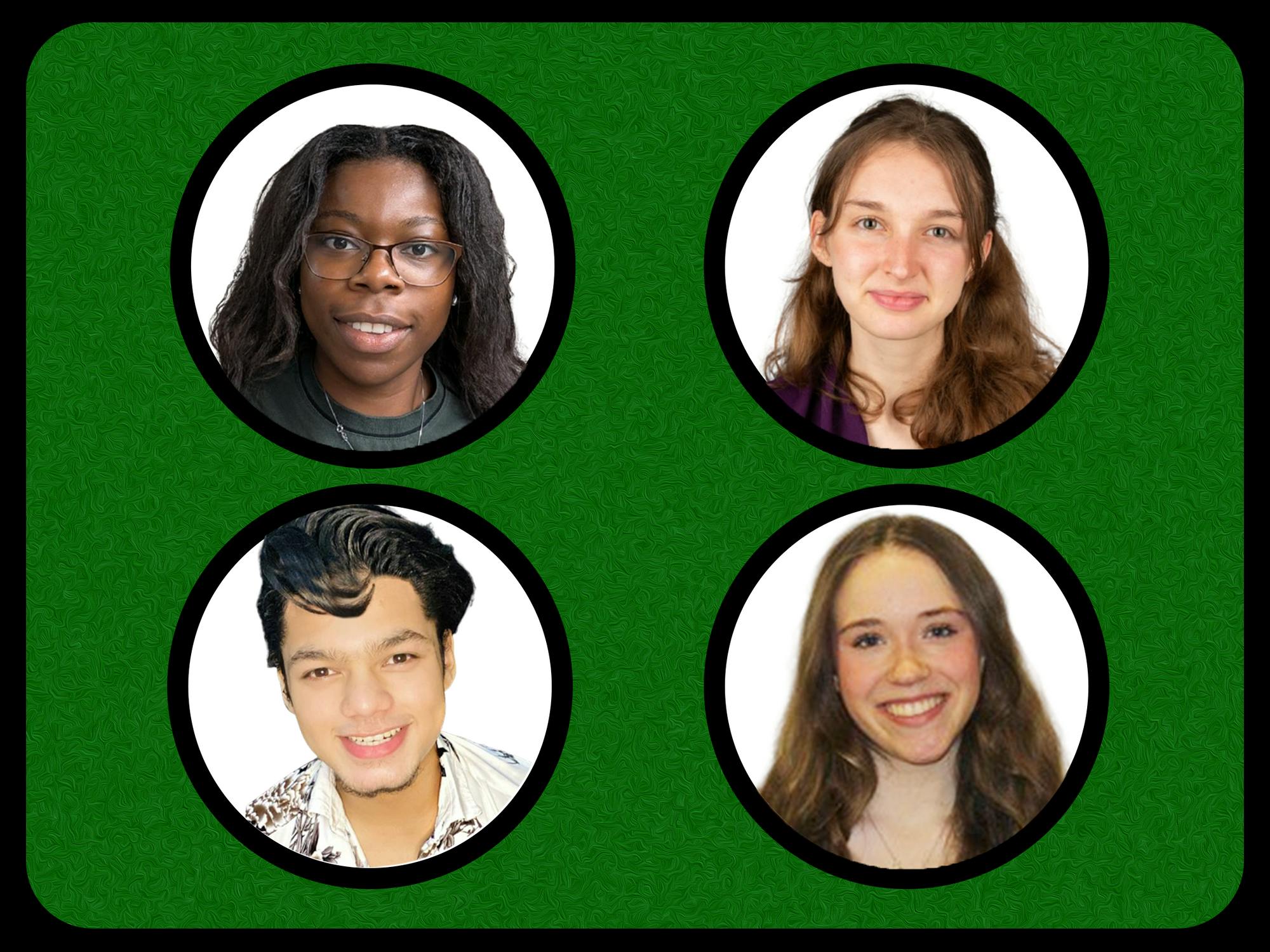 A composite image of four black circles with white backgrounds framing four different candidates for Student Senate against an emerald green background.
