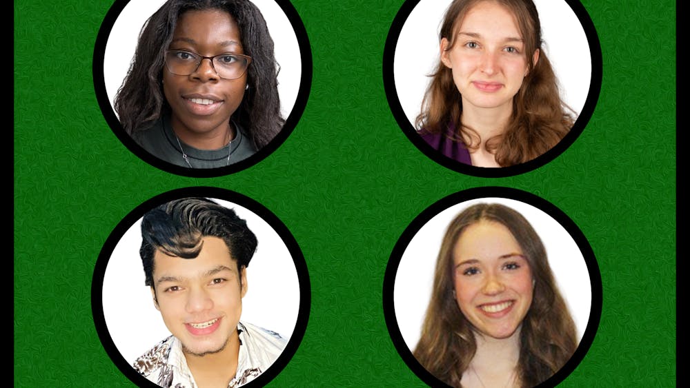 A composite image of four black circles with white backgrounds framing four different candidates for Student Senate against an emerald green background.