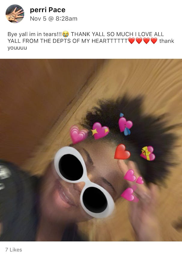 An EMU EagleApp post by Perri Pace that reads, "Bye yall im in tears!!! THANK YALL SO MUCH I LOVE ALL YALL FROM THE DEPTS OF MY HEARTTTTTT thank youuuu." The post includes an image of a person with sunglasses and emoji hearts superimposed around their head.