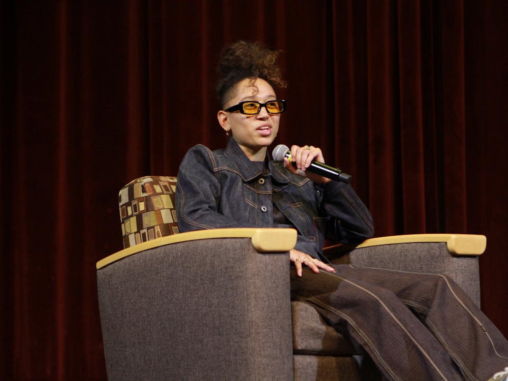 Desyrée Nicole, EMU Basketball Alum, at "Ask Me Anything," a Q&amp;A session, in the Student Center Auditorium on February 7. Nicole speaks with EMU's Style and the audience about her luxury menswear brand, TODD PATRICK, and her experience in the fashion industry.