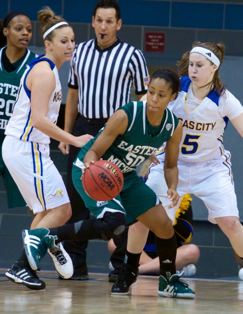 	EMU’s Natachia Watkins trying to beat a double-team (Photo courtesy Matt Hicks | MSH Photography).