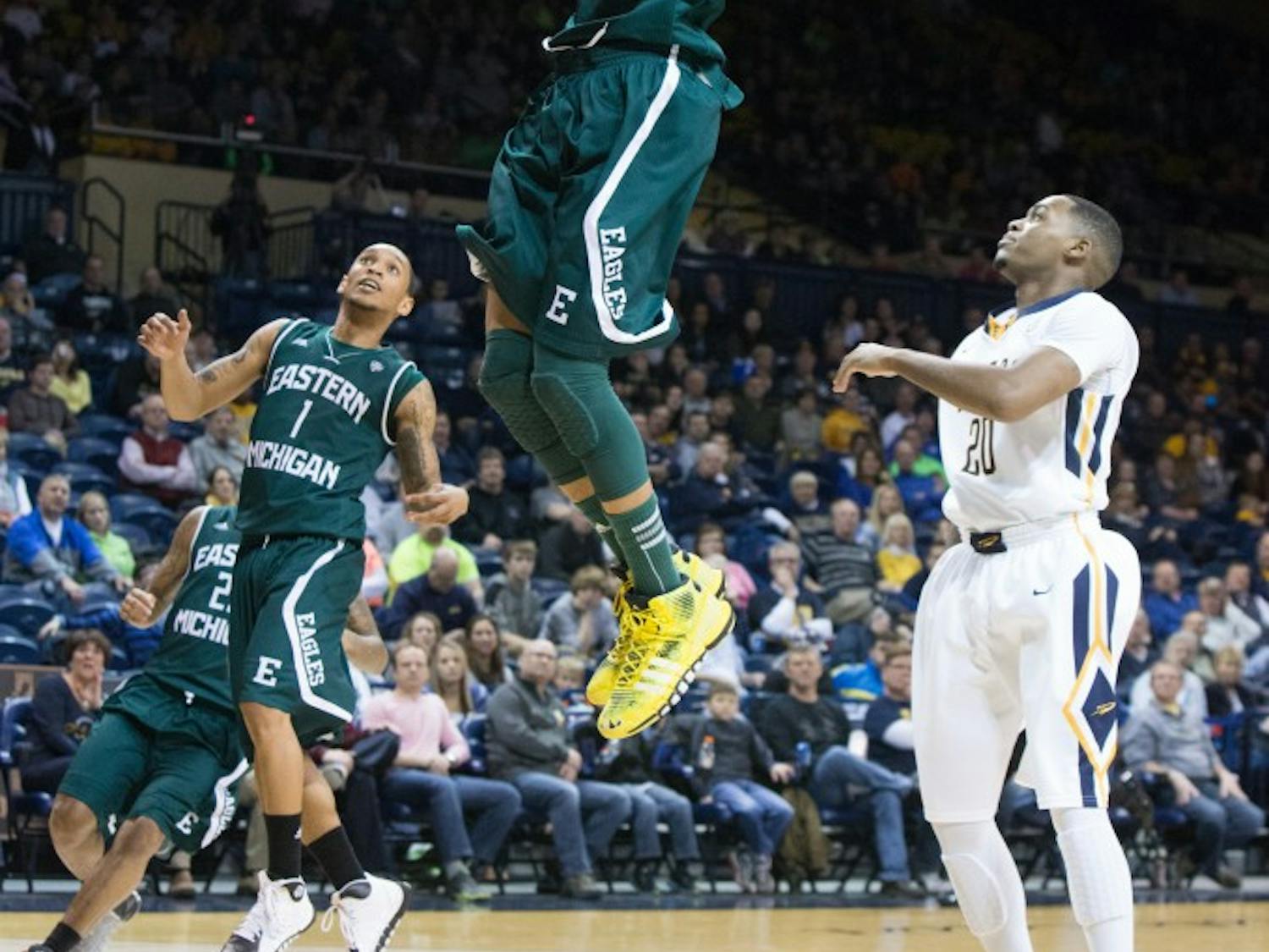 Eastern Michigan forward Karrington Ward (14) goes in for the layup in the Eagles 77-66 loss to Toledo Saturday afternoon.