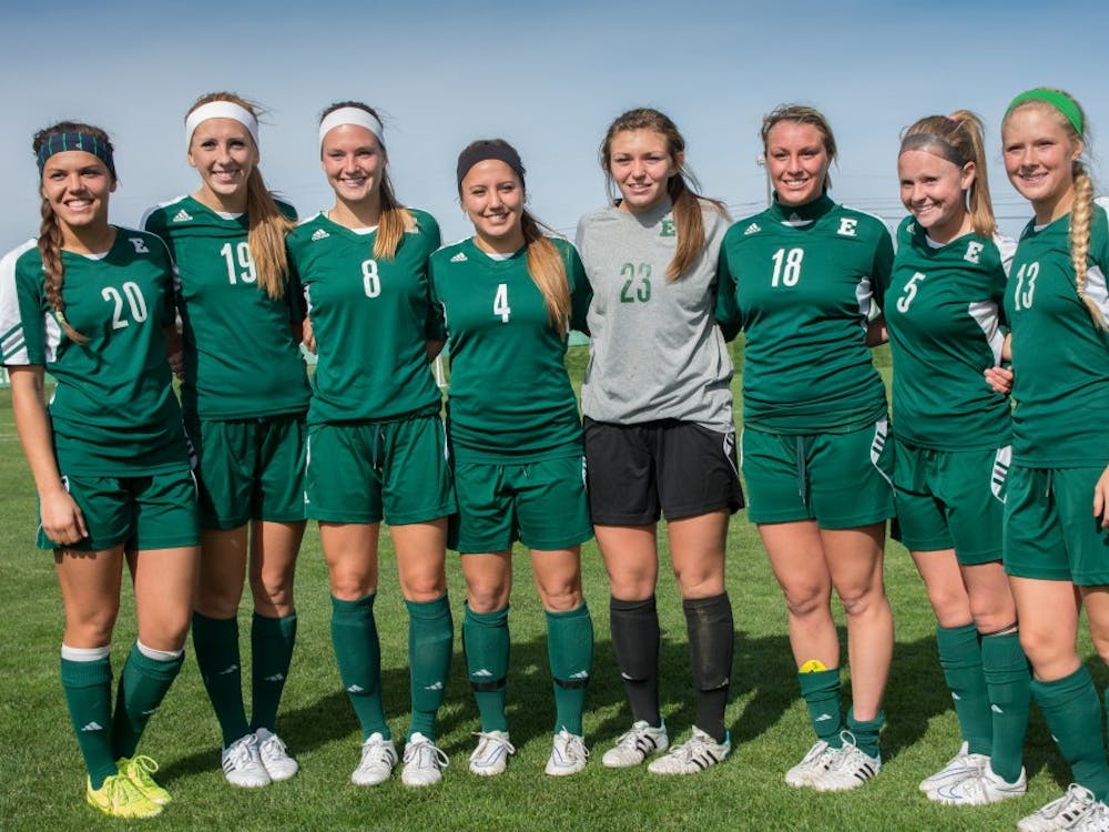 EMU soccer seniors during halftime at the EMU vs. Ohio University game on October 19th, 2014 at Scicluna Field.