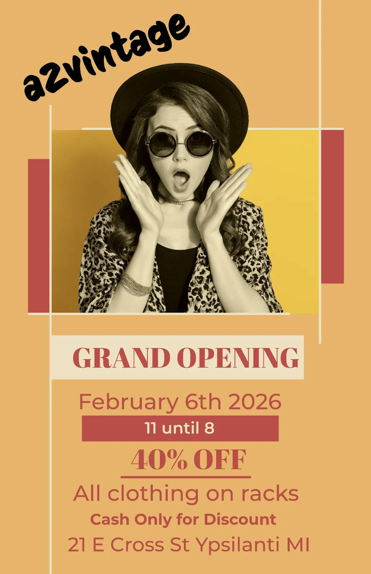 Graphic poster with a person wearing round glasses and a shocked expression against a red and orange background. The poster contains information for the sale.