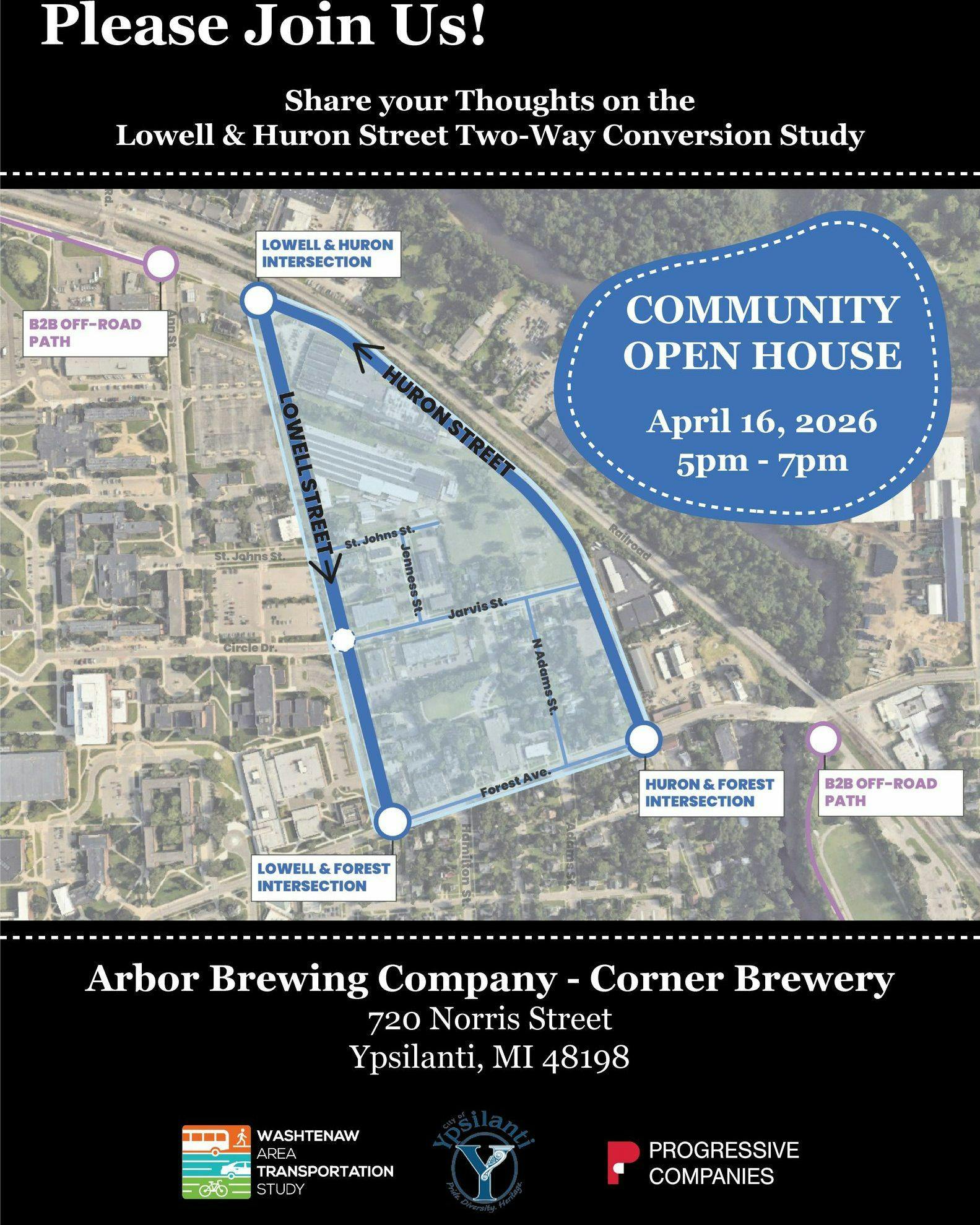 Map with graphics outlining the area of Lowell and Huron streets proposed to convert from one-way streets to two-way traffic.