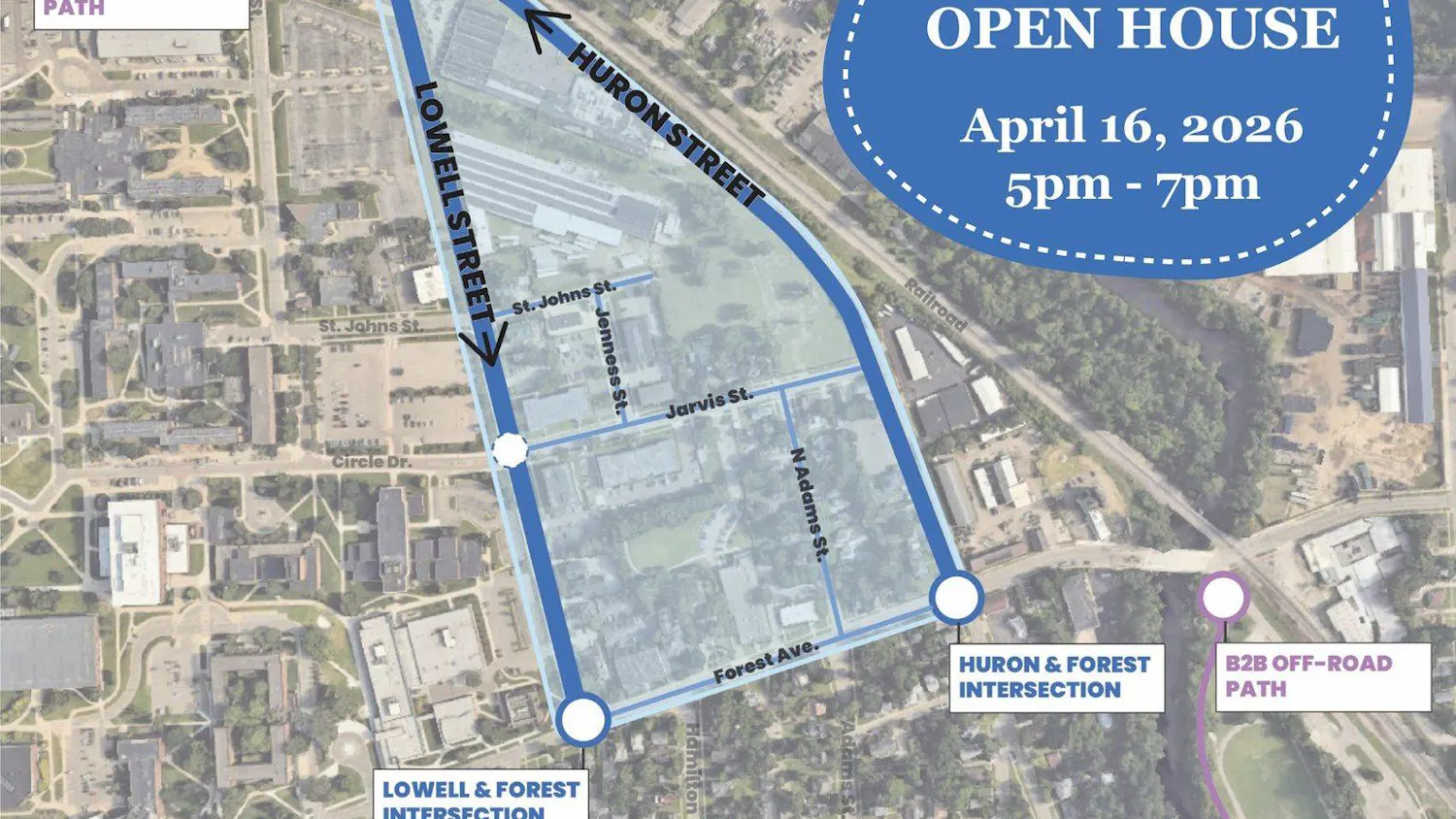 Map with graphics outlining the area of Lowell and Huron streets proposed to convert from one-way streets to two-way traffic.