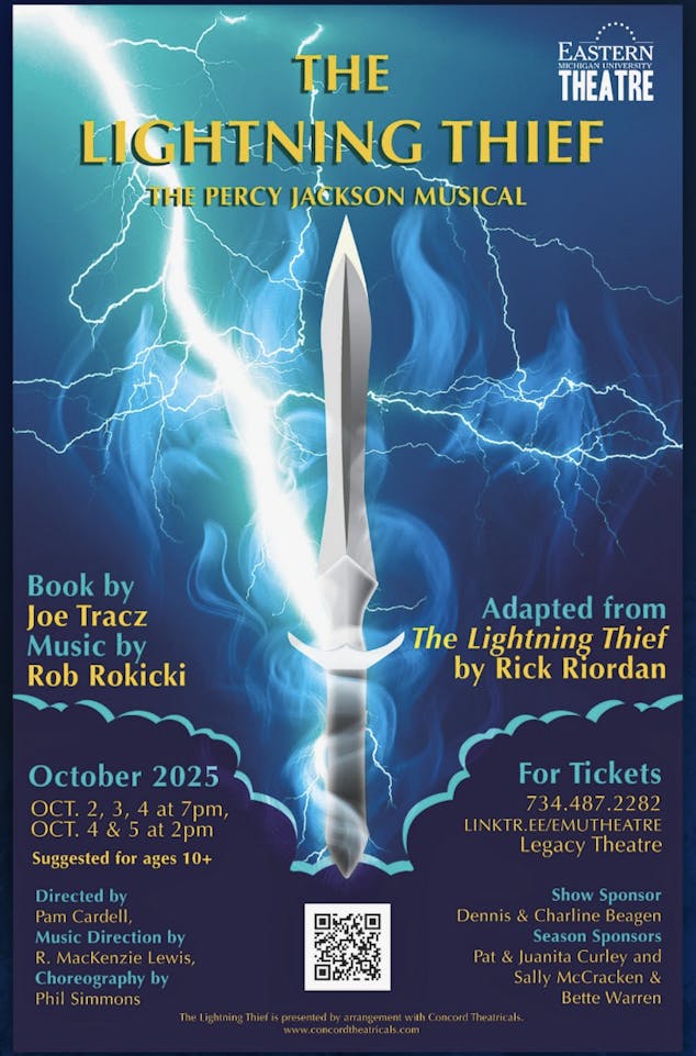 A poster for Eastern Michigan University Theatre's production of "The Lightning Thief: The Percy Jackson Musical." The poster has a dark blue and purple background, and in the center is a silver sword with white lightning around it. Underneath the sword is a QR code. Text on the poster provides the dates for the show and other relevant information. 