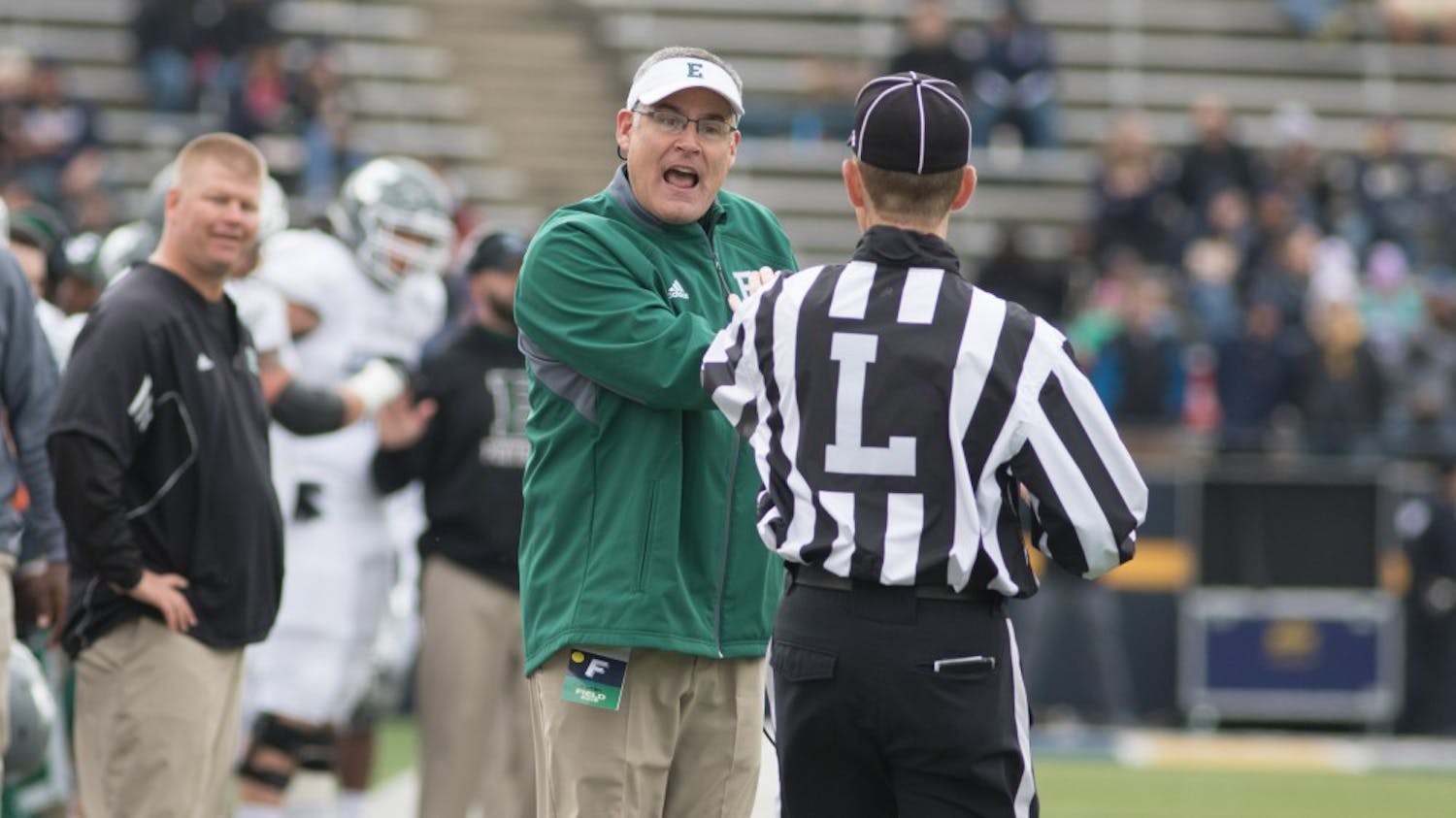 Eastern Michigan coach Chris Creighton reacts after a call in the Eagles 63-20 loss to Toledo on Oct. 17 2015 in the Glass Bowl.