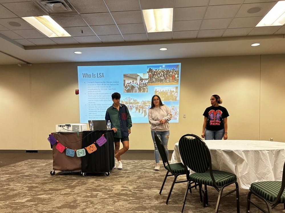 Latinx Student Association members Josh Alarcon, Ahrianna Nogueras, and Gracie Esquivel present a slideshow on the history of LSA and the prevalence of Hispanic Heritage Month to EMU students. Photo Credit: Julia Jameson