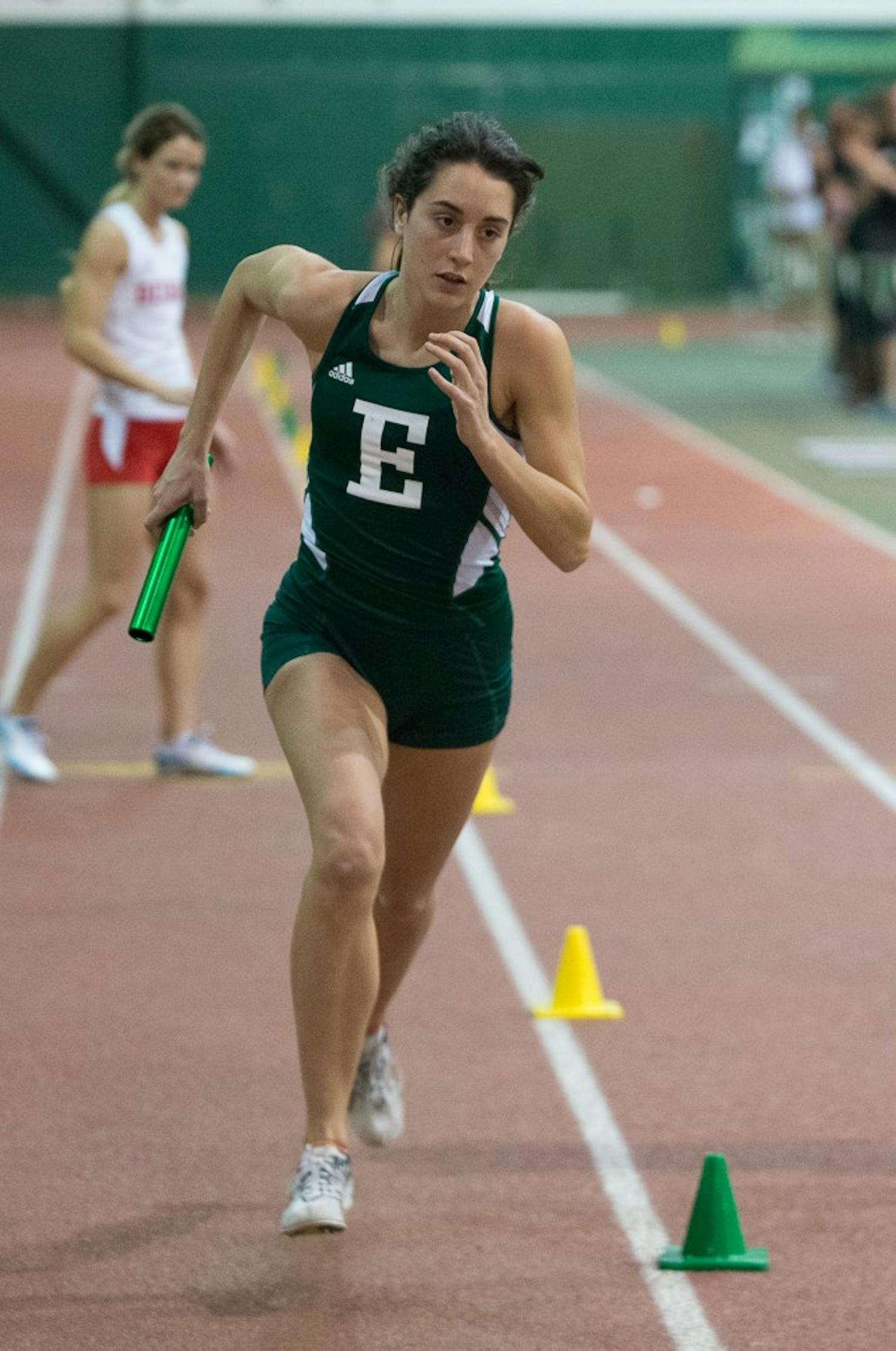 Eastern Michigan distance runner Marina Manjon-Rivadulla takes over for her leg of the 1600m during the EMU Triangular on 10 January at Bowen Field House.