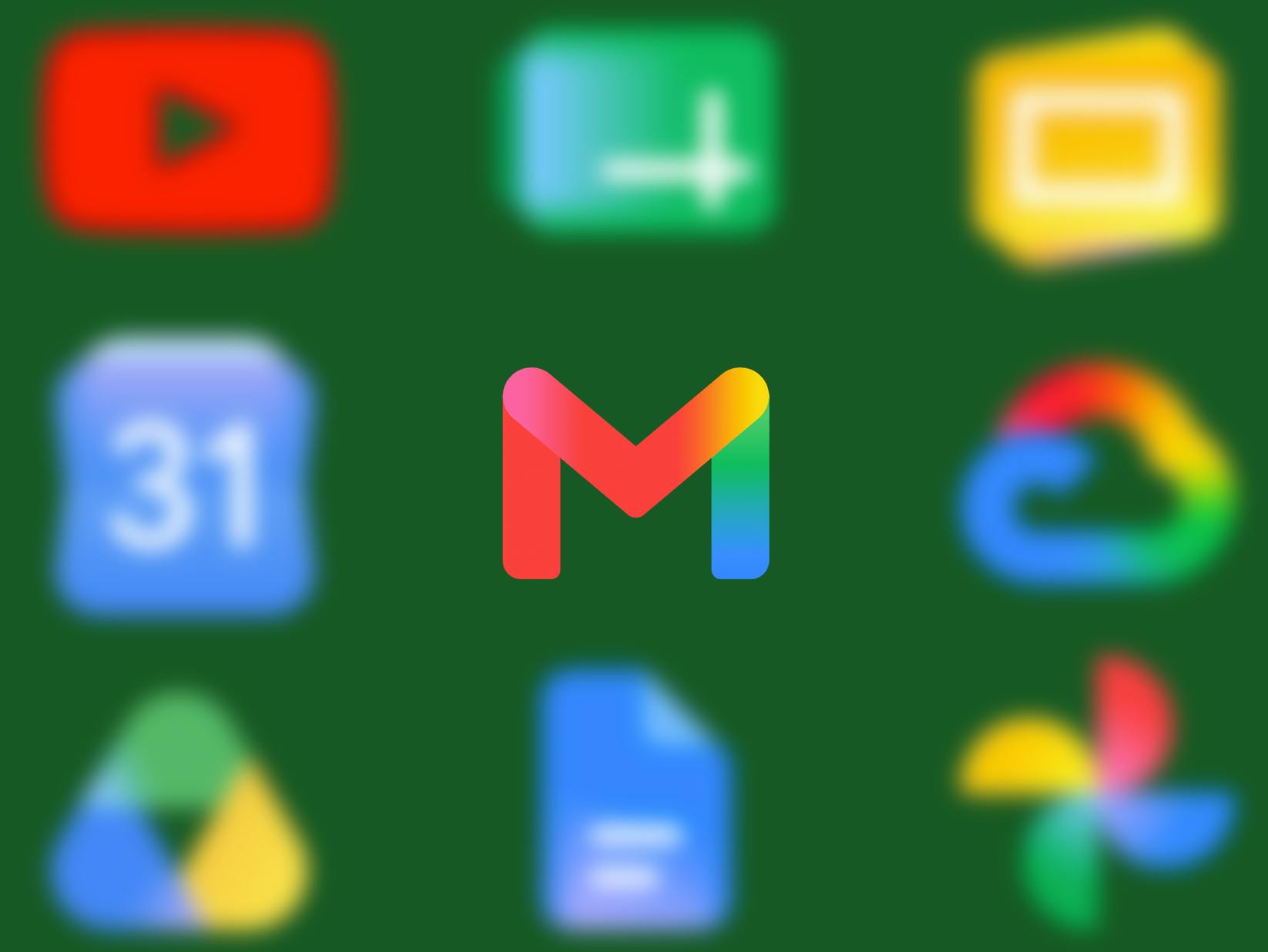 A grid of Google app icons with Gmail in the middle. All of the surrounding icons, such as the ones for Google Calendar, Drive, Docs, Photos and Sheets are blurred.