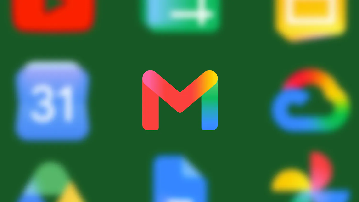 A grid of Google app icons with Gmail in the middle. All of the surrounding icons, such as the ones for Google Calendar, Drive, Docs, Photos and Sheets are blurred.