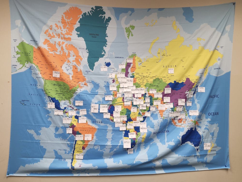 A map from the Office for International Students and Scholars showing an estimated number of how many students are admitted from each country. Photo credit: Preston Bosman