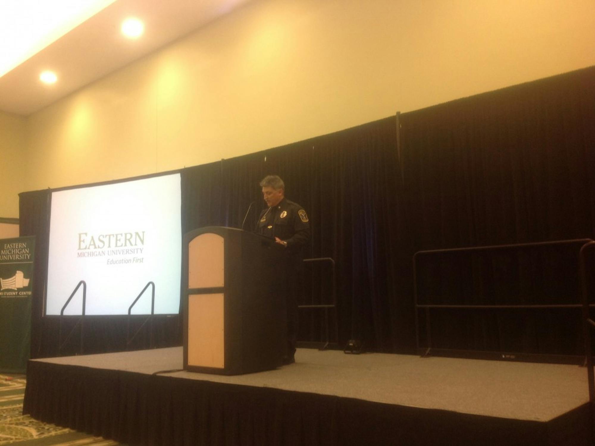 	Ypsilanti police chief Tony DeGiusti speaks at a public forum following the October death of EMU wide receiver Demarius Reed