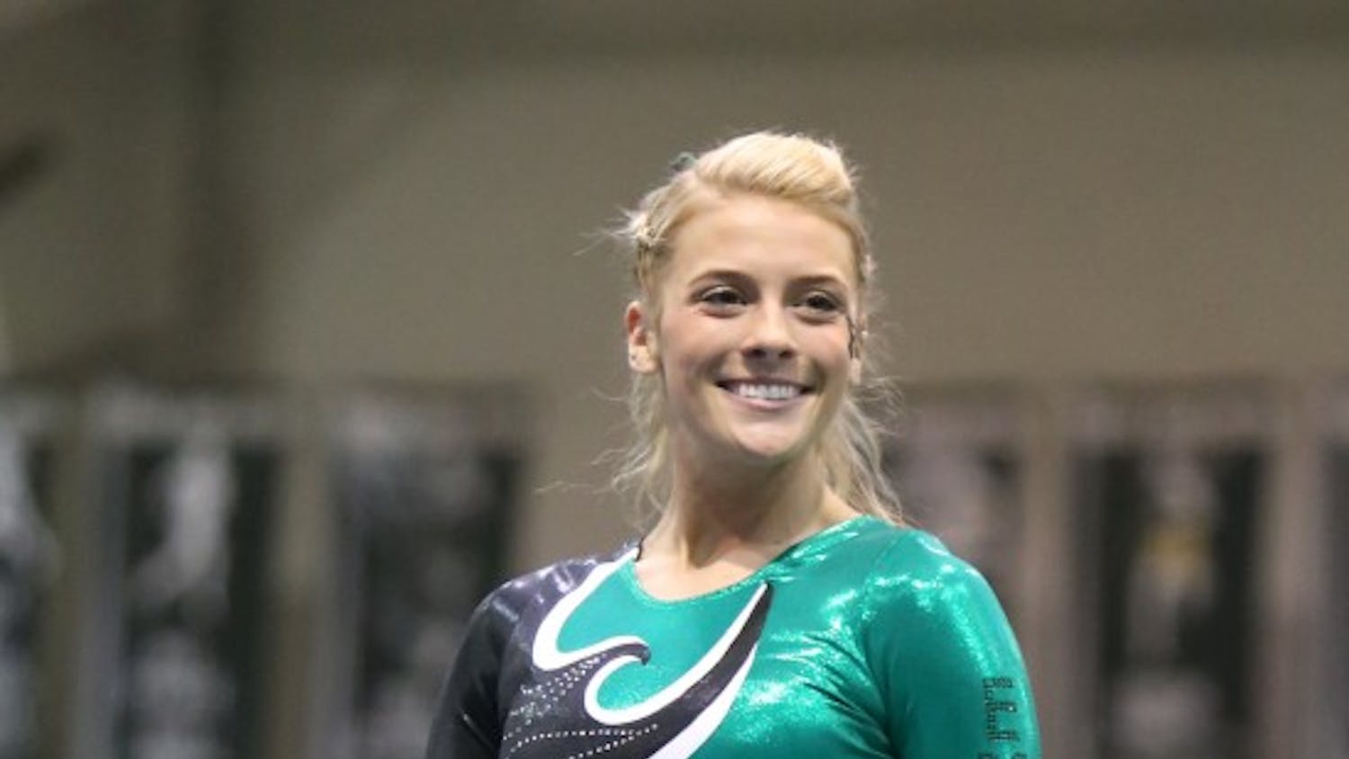 Eastern Michigan junior Chantelle Loehner poses for the judges during her floor routine in the Eagles 195.925-194.600 loss to Central Michigan Friday night.