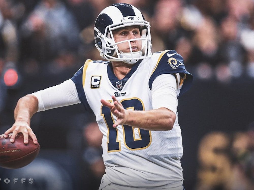 Jared Goff throws pass on Jan. 20 at Mercedes-Benz Superdome in New Orleans. @RamsNFL