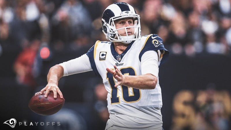 Jared Goff throws pass on Jan. 20 at Mercedes-Benz Superdome in New Orleans. @RamsNFL