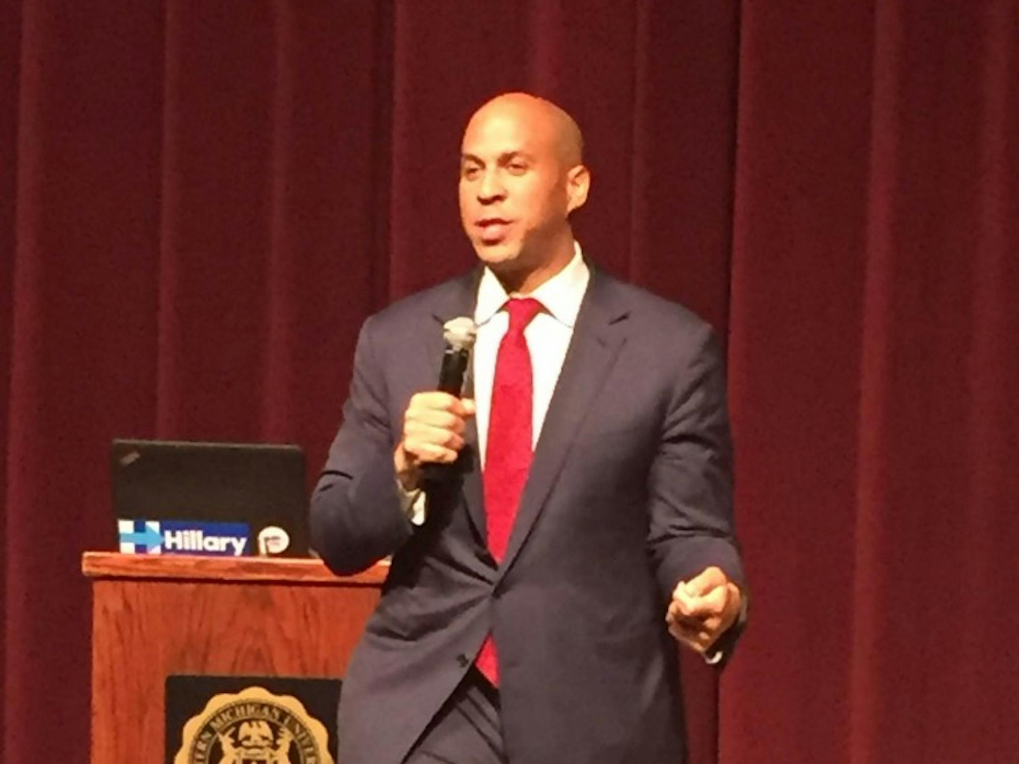 Sen. Cory Booker addressing the crowd during the Hillary Clinton&nbsp;campaign at EMU on Monday,&nbsp;Oct. 10