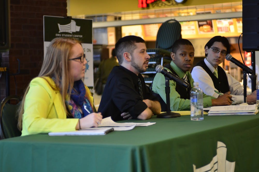 	From left: Brianna Siler and Joshua Lowe, running for vice president and president, respectively, and Desmond Miller and Antonino Monea, running for president and vice president, respectively.
