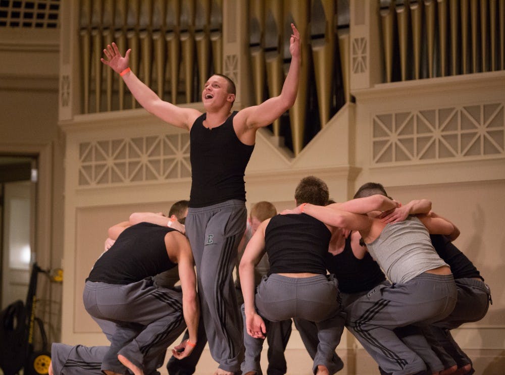 	The men’s swimming team performs at Jock Jamz Tuesday night at Pease Auditorium. They took first place in the competition. 