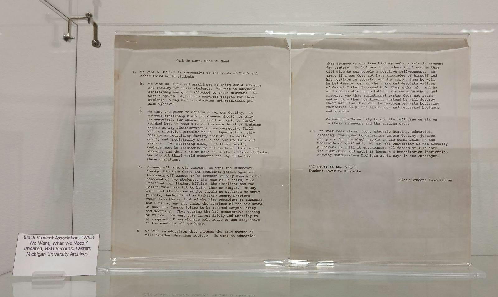 Historical document from the Black Student Union titled "What We Want, What We Need".