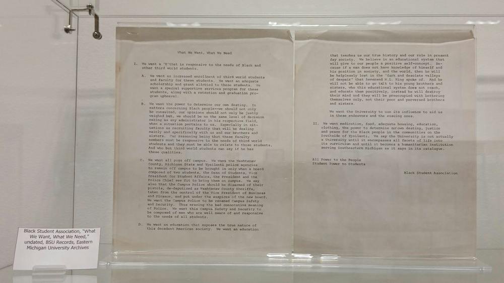 Historical document from the Black Student Union titled "What We Want, What We Need".