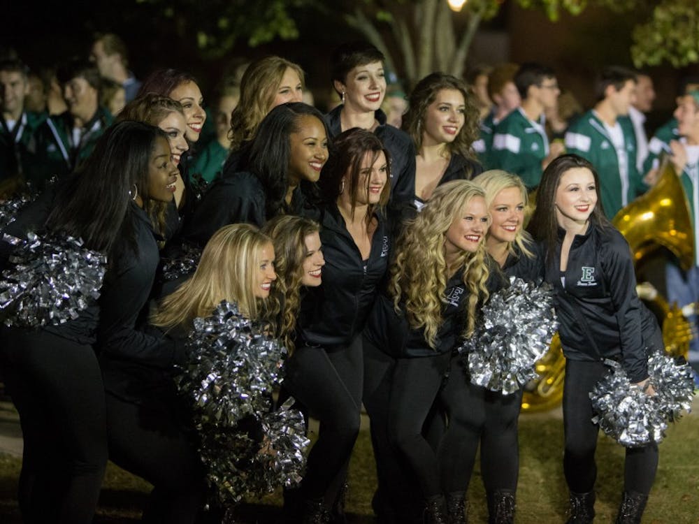 The Eastern Michigan dance team poses for a photo during the pep rally Friday night on campus.