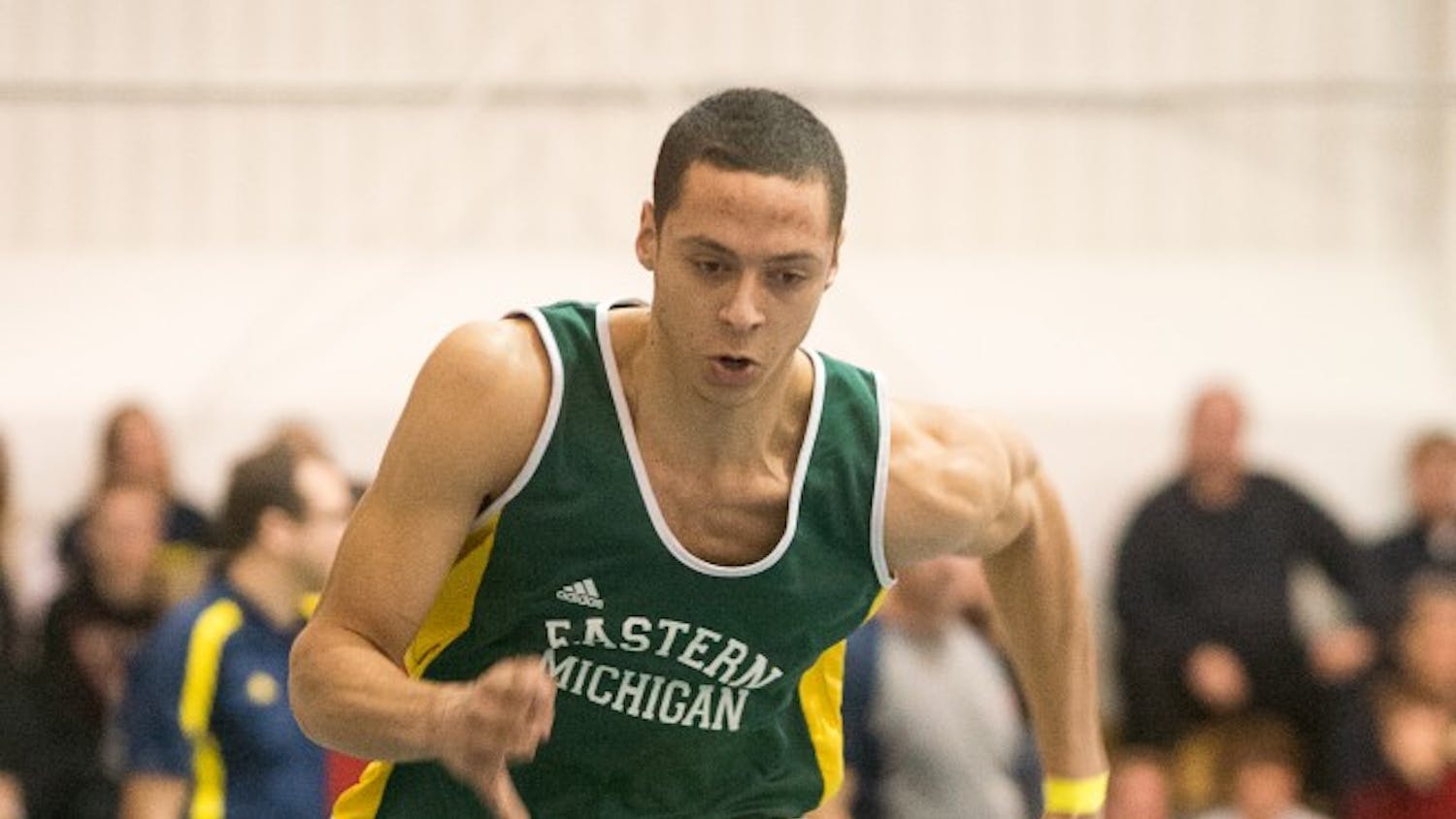 Eastern Michigan sprinter Tyler Brown fires off with the gun to start the 400m dash on 18 January at the Simmons-Harvey Invitational in Ann Arbor.