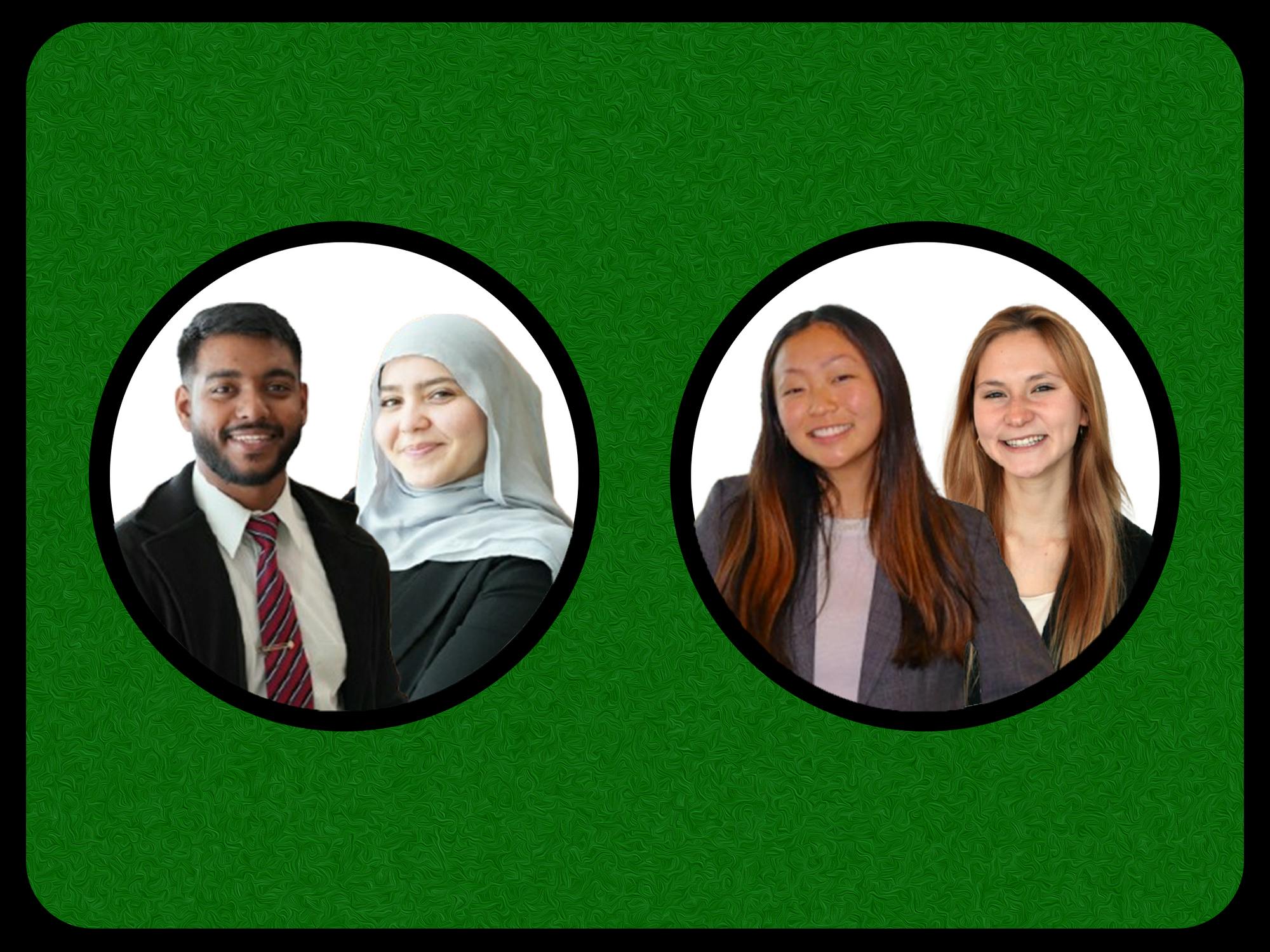 Two black circles with white interiors frame the two presidential tickets in the 2026 EMU Student Government election. The vice presidential candidates (Shehab and Orlich) are seen over the shoulders of the presidential candidates (Freeman and Farook).