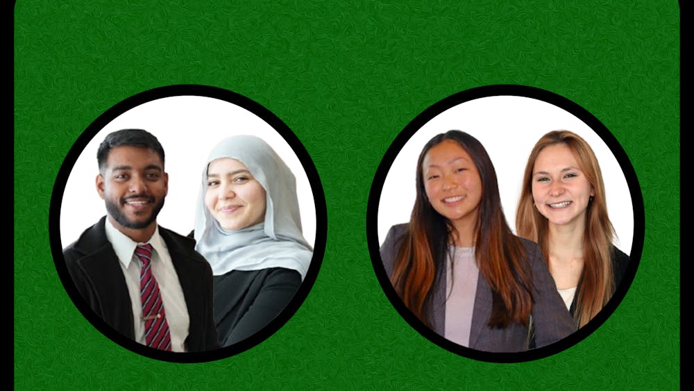 Two black circles with white interiors frame the two presidential tickets in the 2026 EMU Student Government election. The vice presidential candidates (Shehab and Orlich) are seen over the shoulders of the presidential candidates (Freeman and Farook).